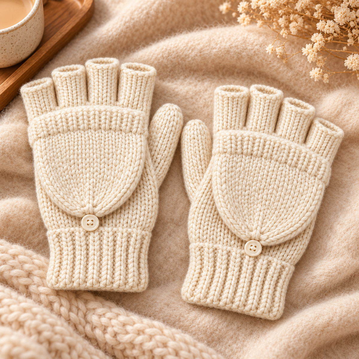 Novalunely Knitted Winter Gloves – Convertible Fingerless Gloves with Fold-Over Cover for Everyday Wear