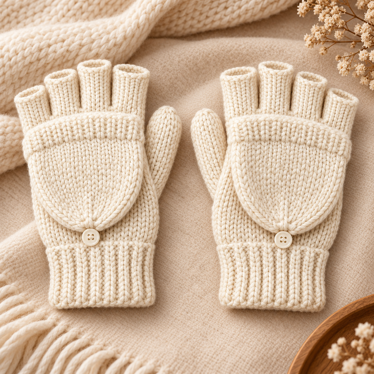 Novalunely Knitted Winter Gloves – Convertible Fingerless Gloves with Fold-Over Cover for Everyday Wear