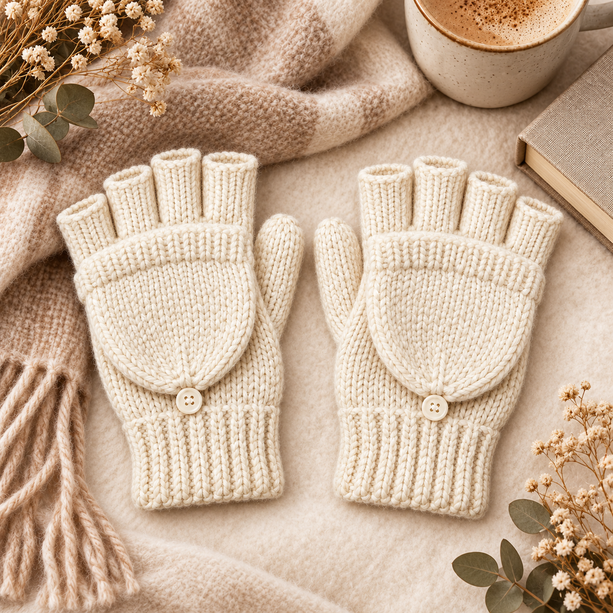 Novalunely Knitted Winter Gloves – Convertible Fingerless Gloves with Fold-Over Cover for Everyday Wear